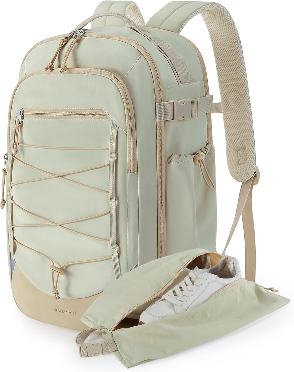Beige 17-inch carry-on backpack with shoe bag
