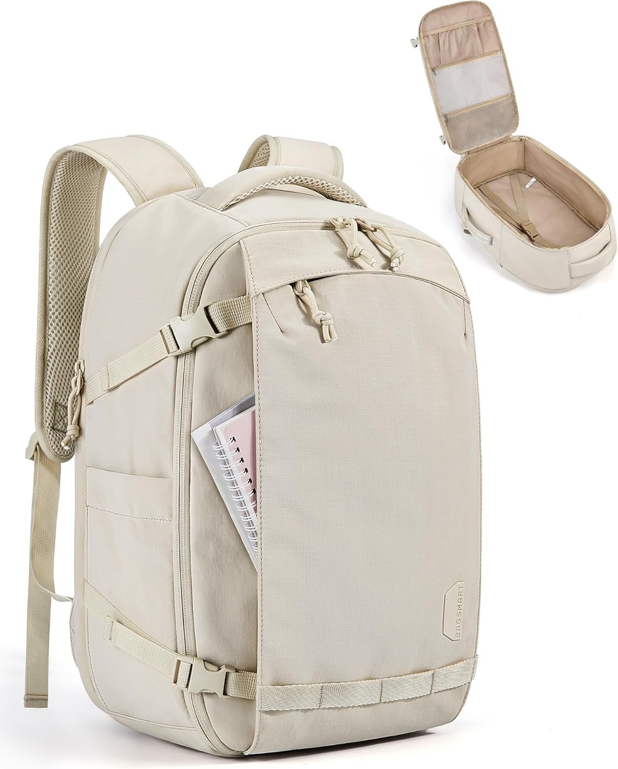 TSA-approved beige carry-on daypack bag
